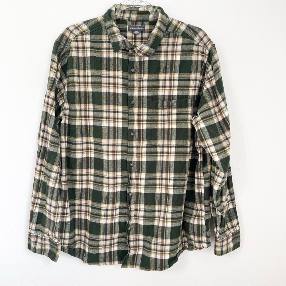 Eddie Bauer Mens Green Plaid Button Front Bristol Flannel Shirt Size XL